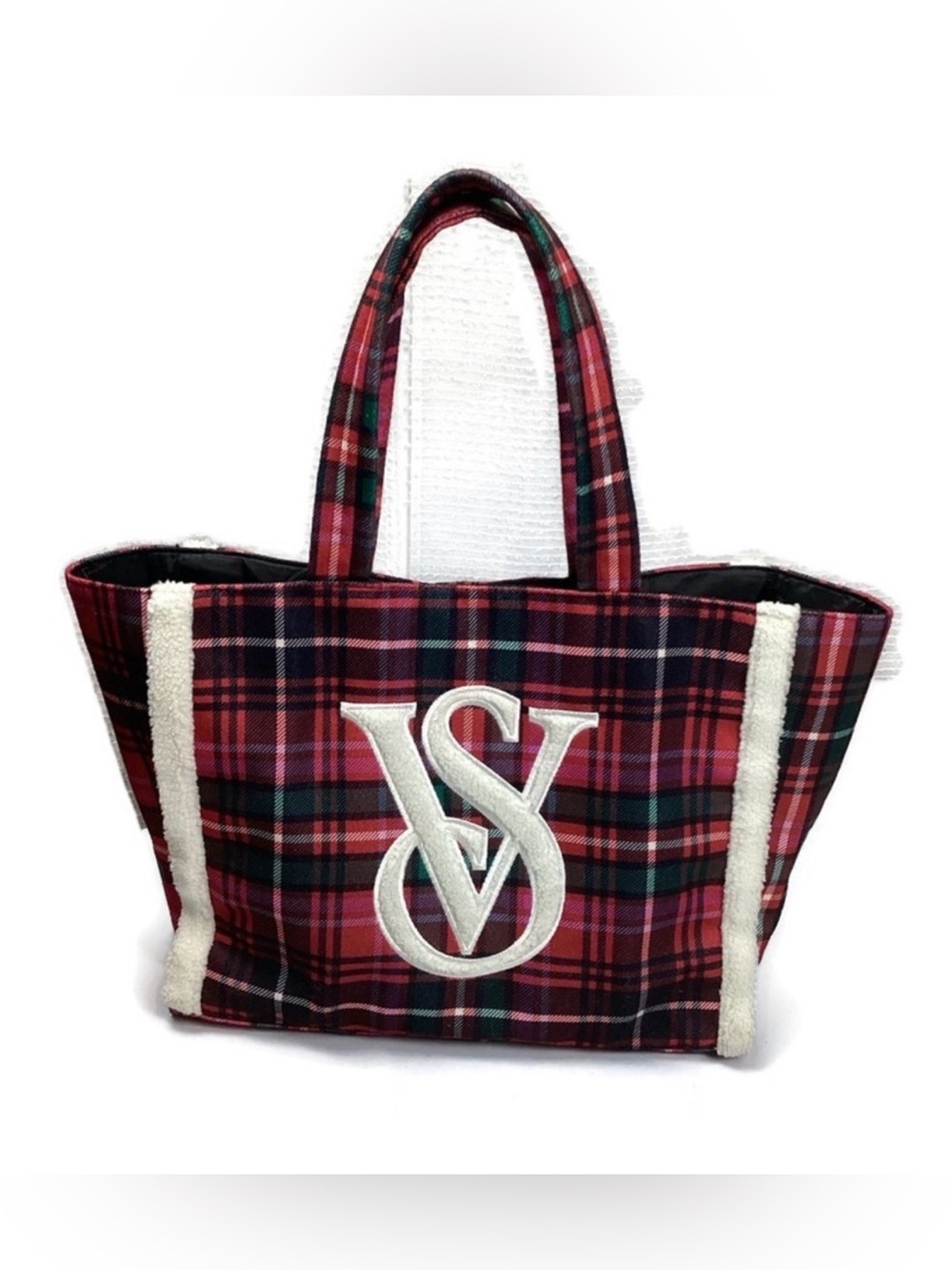 Victoria’s Secret Plaid Fleece Trim Holiday Tote Bag